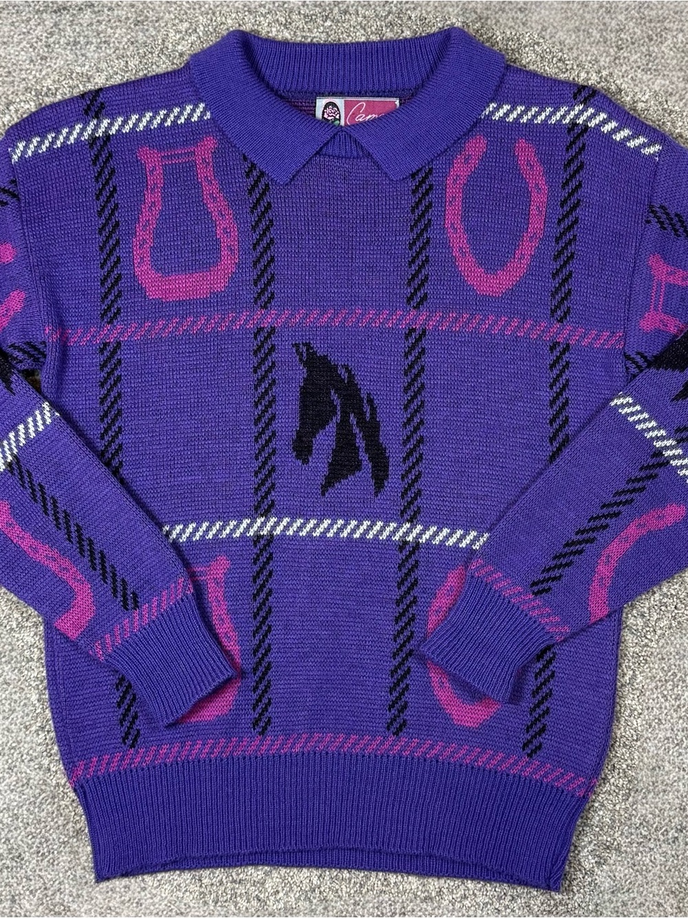Cameo Rose Purple Crewneck Sweater with Pink Motifs and Black Horse USA Made